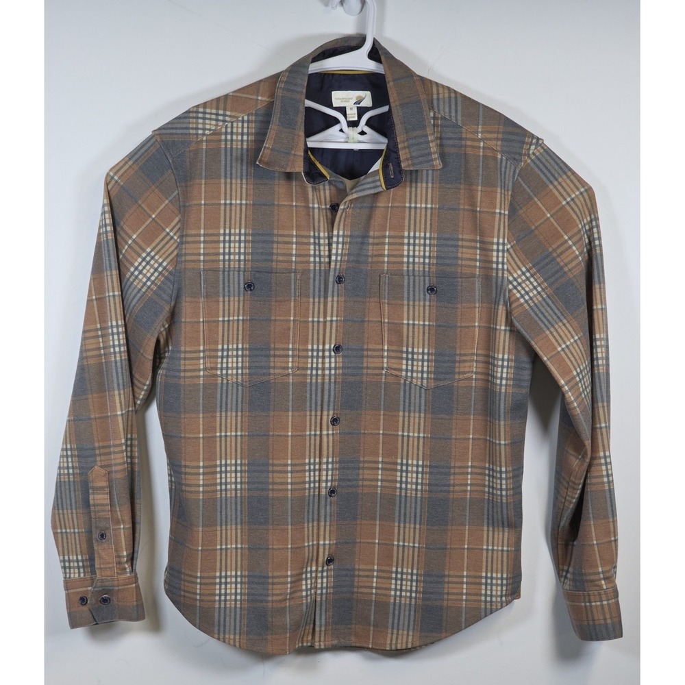 Fundamental Coast Mens Medium Plaid Long Sleeve Button Up Shirt Brown Casual